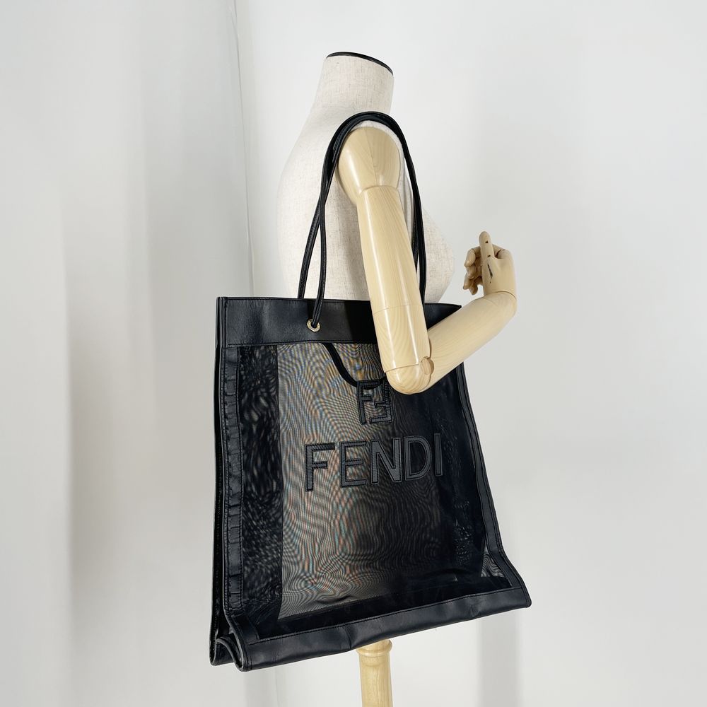 中古B/標準】FENDI フェンディ ロゴ メッシュ 肩掛け ヴィンテージ レディース トートバッグ ブラック20488372