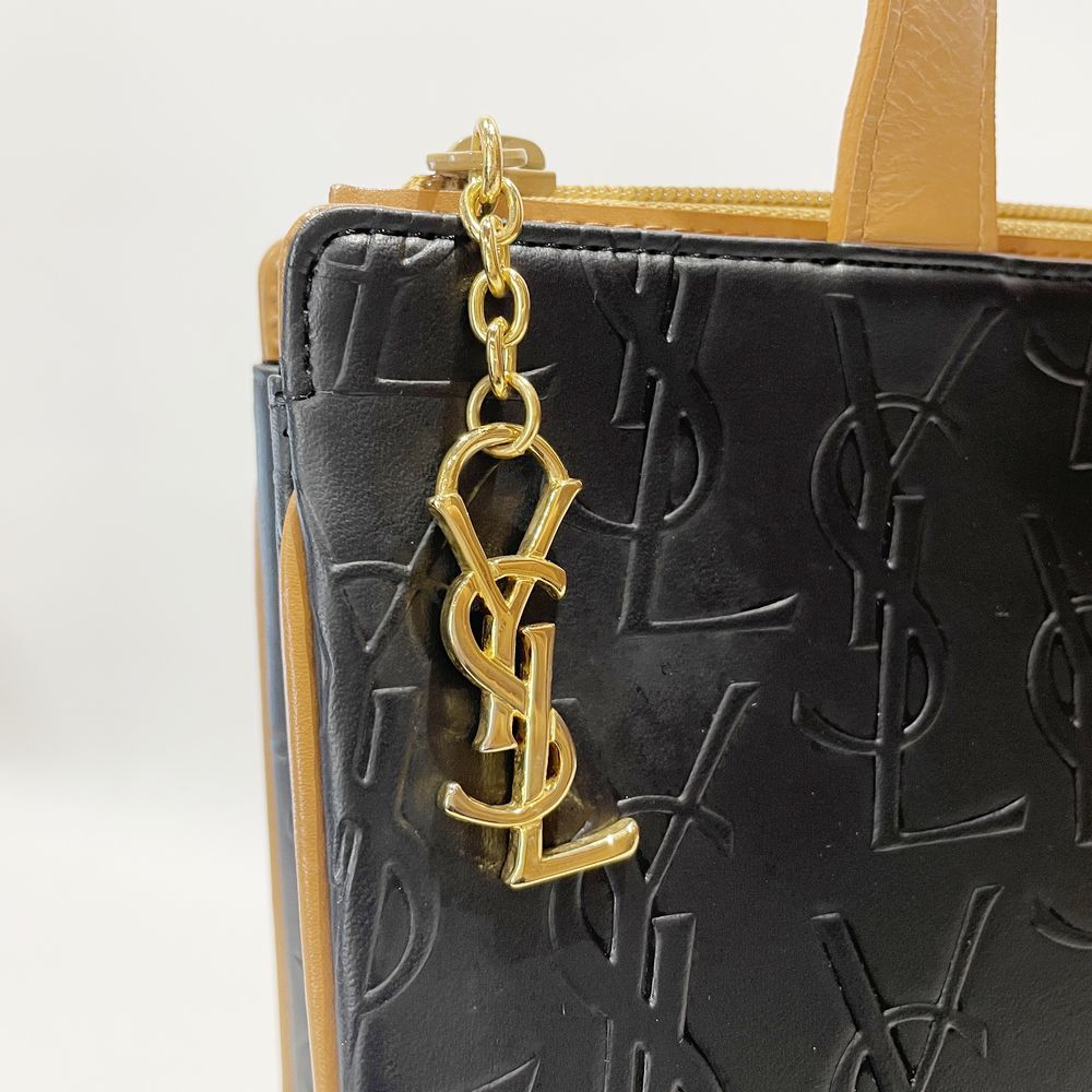 中古AB/使用感小】YVES SAINT LAURENT イヴ・サンローラン YSL 型押し チャーム付き ヴィンテージ レディース トートバッグ  ブラック×ブラウン20488981