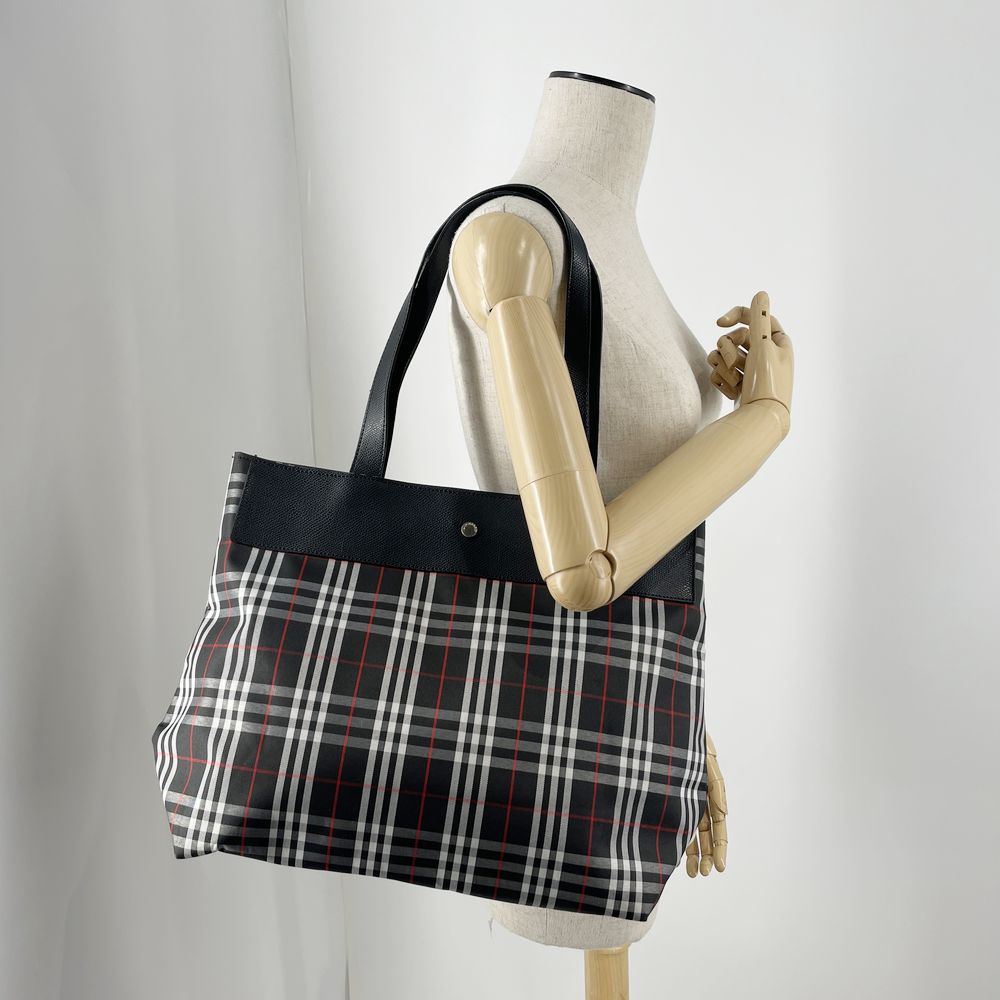 BURBERRY(バーバリー) ロンドン ロゴ ボタン チェック トートバッグ ナイロン/レザー レディース【中古B】20240908