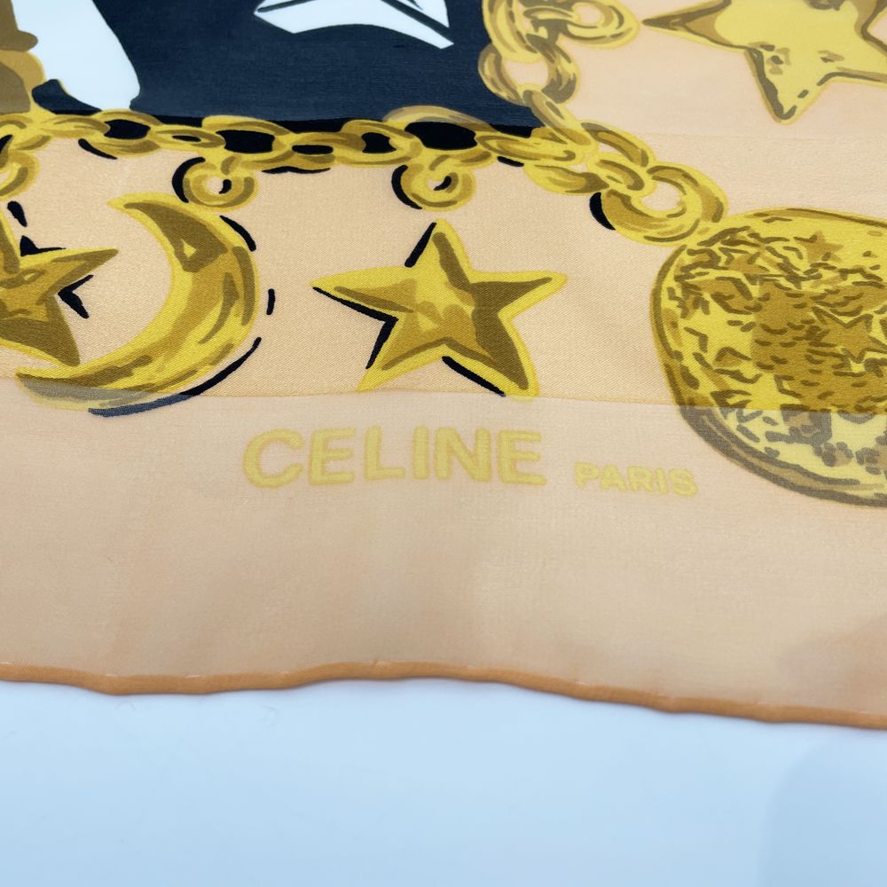 CELINE(セリーヌ) 138cm×136cm 超大判 ロゴ スター ムーン 透け感 ショール ヴィンテージ スカーフ シルク レディース【中古AB】20241012