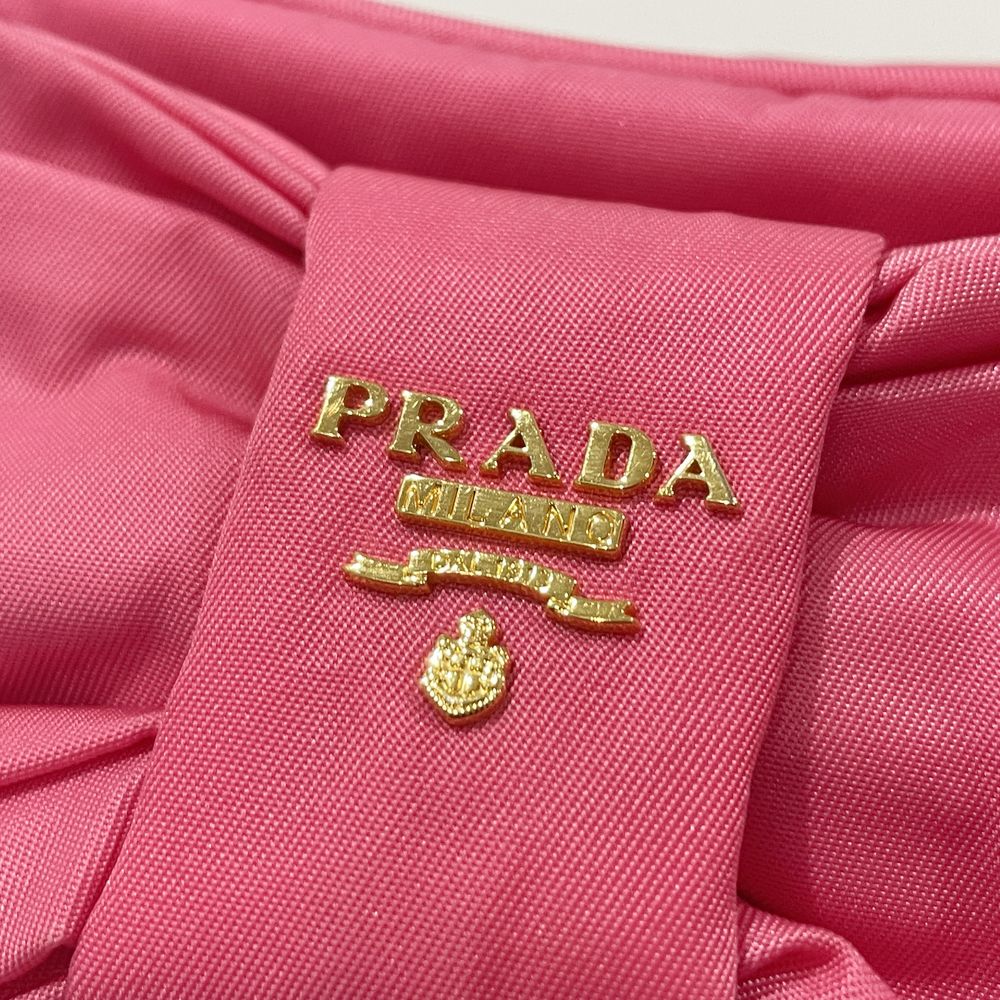 PRADA(プラダ) リボン ロゴ ケース 小物入れ 持ち手付き ポーチ ナイロン/レザー レディース【中古B】20241105