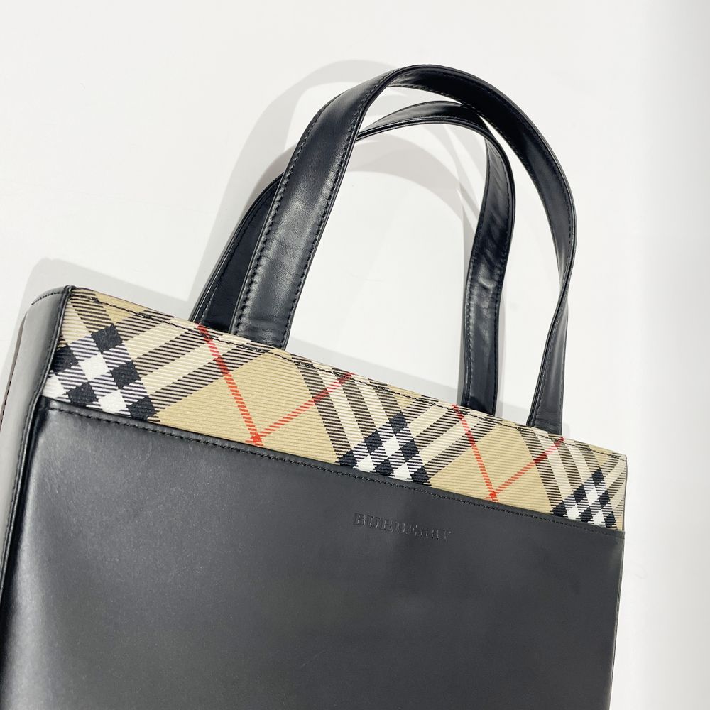 BURBERRY(バーバリー) ロンドン ロゴ 一部チェック スクエア型 トートバッグ レザー レディース【中古AB】20241124