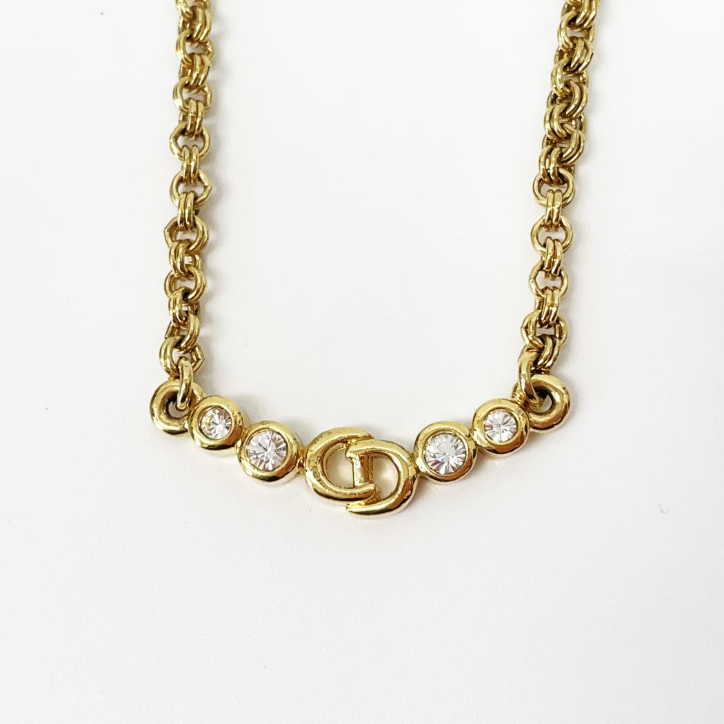 Christian Dior CD Logo Chain Vintage Necklace GP/Rhinestone Women's [Used AB] 20230210
