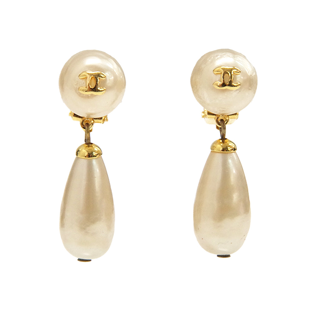 CHANEL Coco Mark Round Swing 2 6 Vintage Earrings GP/Fake Pearl Women's [Used AB] 20230119