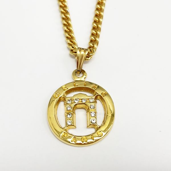 CELINE Vintage Arc de Triomphe Logo GP Rhinestone Women's Necklace Gold [Used AB/Slightly used] 20406334