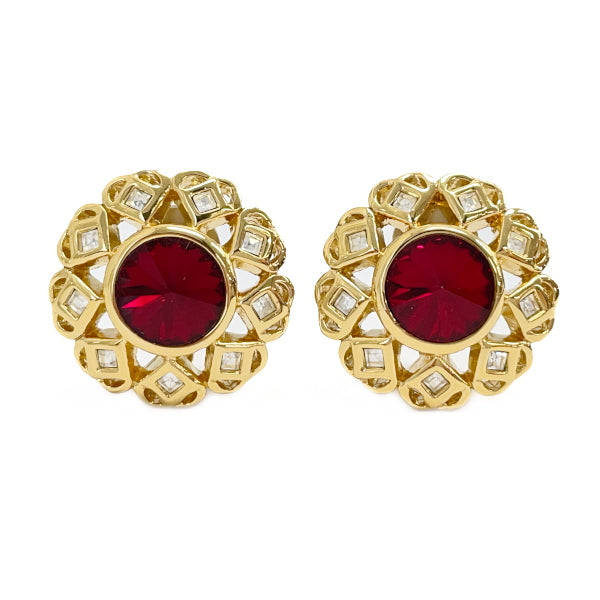 NINA RICCI Vintage Flower Motif Colored Stone GP Rhinestone Women's Earrings Gold x Red [Used AB/Slightly Used] 20407028
