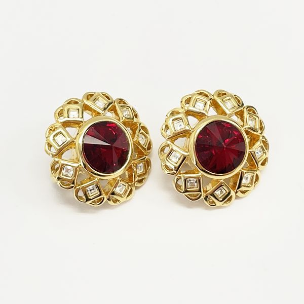 NINA RICCI Vintage Flower Motif Colored Stone GP Rhinestone Women's Earrings Gold x Red [Used AB/Slightly Used] 20407028