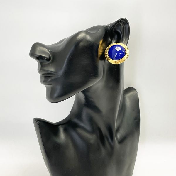 CHANEL Vintage Logo Round Colored Stone 2 8 GP Women's Earrings Gold x Blue [Used B/Standard] 20408608