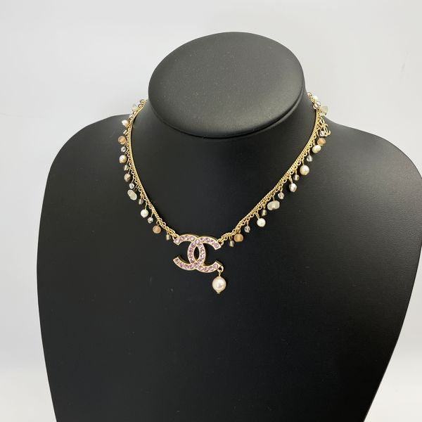 CHANEL Vintage Coco Mark CC Mark Colored Stone 2 Strands Beads 02P GP Fake Pearl Women's Necklace Gold x Pink [Used AB/Slightly Used] 20409288