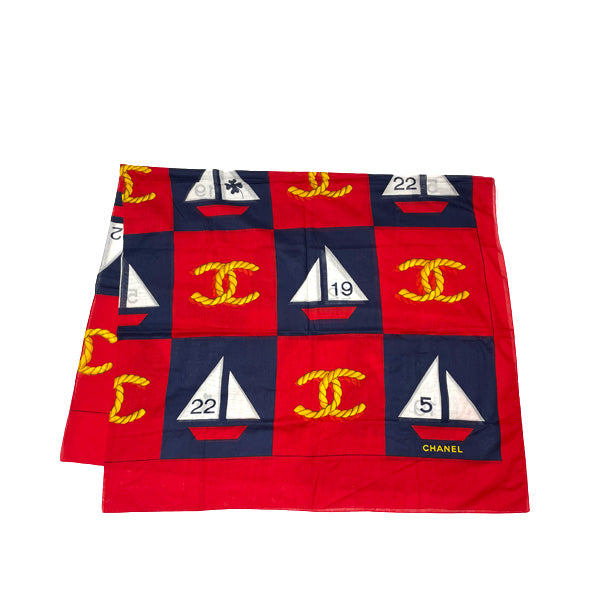 CHANEL Vintage Cocomark Ship Large Stole Women's Scarf Red x Navy [Used A/Good Condition] 20412711