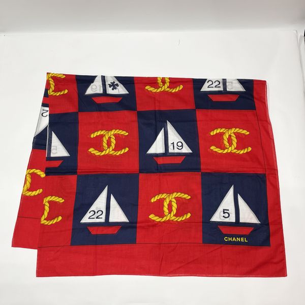 CHANEL Vintage Cocomark Ship Large Stole Women's Scarf Red x Navy [Used A/Good Condition] 20412711