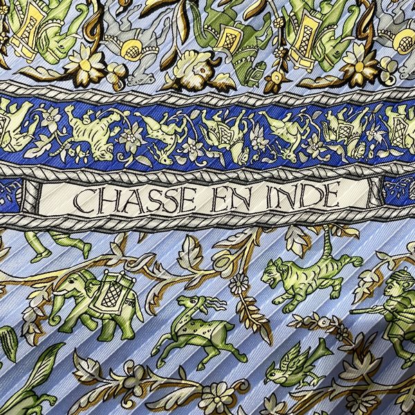 HERMES Pleated CARRE Prise CHASSE EN INDE Indian Hunting Women's Scarf Blue [Used AB/Slightly Used] 20412819