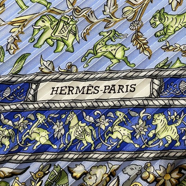 HERMES Pleated CARRE Prise CHASSE EN INDE Indian Hunting Women's Scarf Blue [Used AB/Slightly Used] 20412819