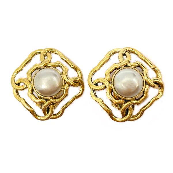 CHANEL Coco Mark 4P Square 2 5 Vintage Earrings GP/Fake Pearl Women's [Used AB] 20231102