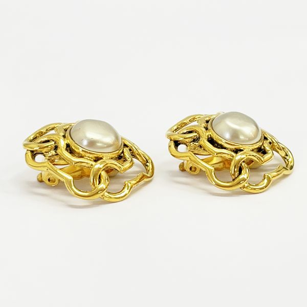 CHANEL Coco Mark 4P Square 2 5 Vintage Earrings GP/Fake Pearl Women's [Used AB] 20231102