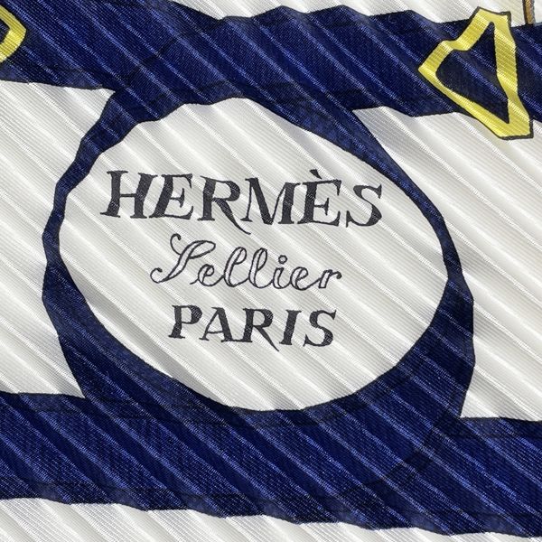 HERMES Pleated CARRE Prise Eperon dor Golden Spurs Women's Scarf Blue x White [Used B/Standard] 20414313