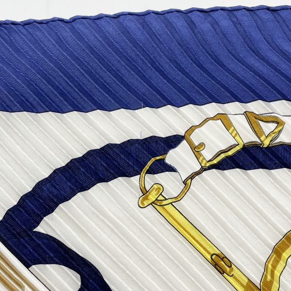 HERMES Pleated CARRE Prise Eperon dor Golden Spurs Women's Scarf Blue x White [Used B/Standard] 20414313