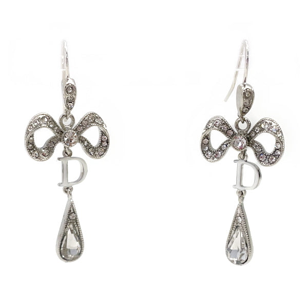 Christian Dior Vintage D Logo Ribbon Shape Drop Swing Hook Metal Rhinestone Women's Earrings Silver [Used AB/Slightly Used] 20414779