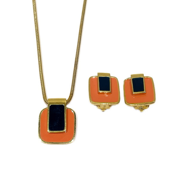 GIVENCHY Vintage Square Earrings 2 Piece Set GP Enamel Women's Necklace Gold x Orange x Black [Used AB/Slightly Used] 20414789