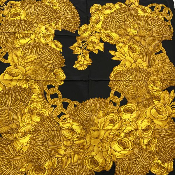 CHANEL Vintage Coco Mark Flower Rose Chain Women's Scarf Black x Gold [Used AB/Slightly Used] 20415692