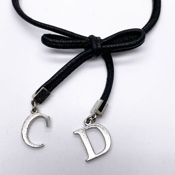 Christian Dior Vintage CD Logo Ribbon Metal Leather Women's Bracelet Black x Silver [Used B/Standard] 20415730