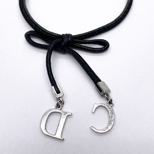 Christian Dior Vintage CD Logo Ribbon Metal Leather Women's Bracelet Black x Silver [Used B/Standard] 20415730