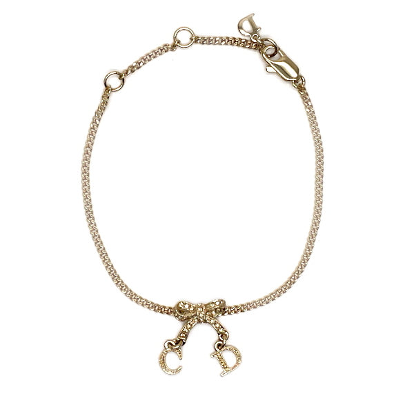 Christian Dior Vintage CD Logo Ribbon Chain GP Rhinestone Women's Bracelet Gold [Used A/Good Condition] 20416900