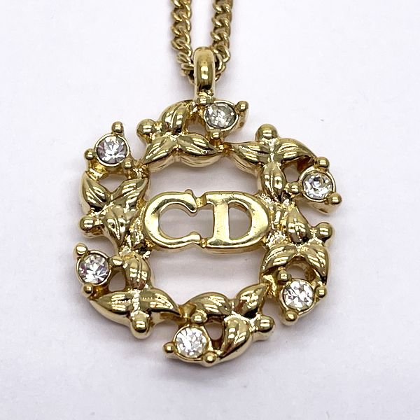 Christian Dior CD Logo Flower Motif Vintage Necklace GP/Rhinestone Women's [Used AB] 20230808