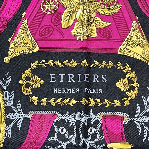 HERMES CARRE 90 ETRIERS Stirrup Horse Tack Pattern Women's Scarf Black x Pink [Used B/Standard] 20416922