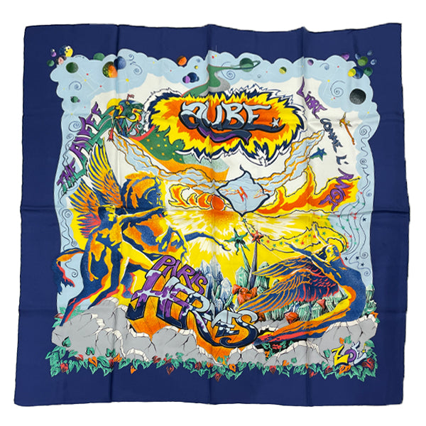 HERMES Carre 90 THE ALFEE AUBE LIBRE COMME L' ANGE Dawn Alfie Collaboration 25th Anniversary Women's Scarf Navy [Used AB/Slightly Used] 20416925