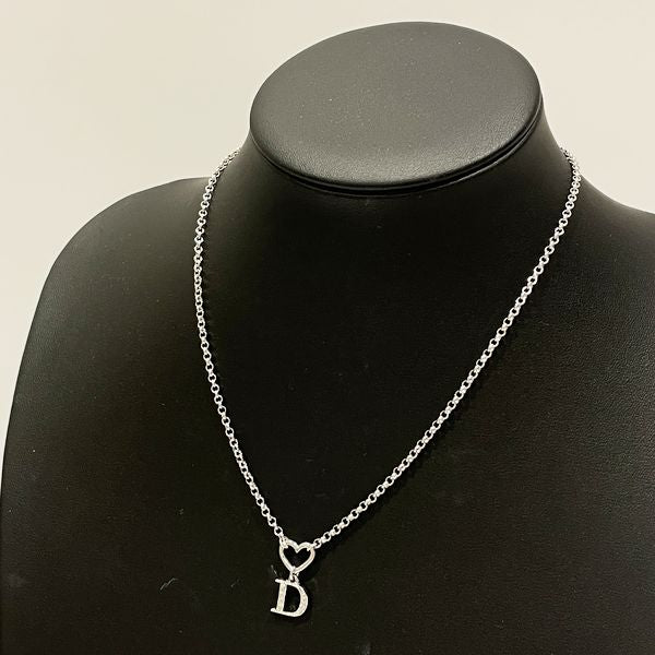 Christian Dior Vintage D Logo Heart Metal Rhinestone Women's Necklace Silver [Used AB/Slightly Used] 20417644