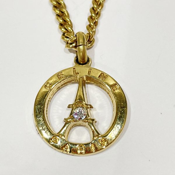 CELINE Eiffel Tower Logo Circle Round Chain Vintage Necklace GP/Rhinestone Women's [Used B] 20230825