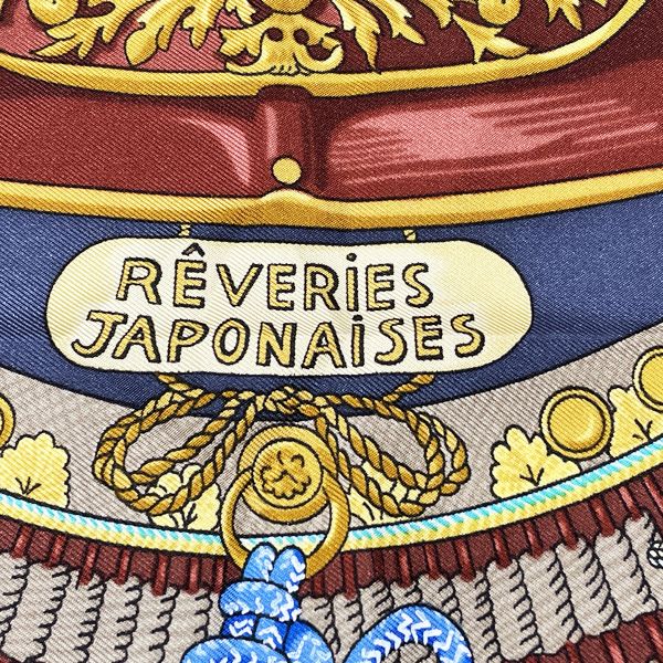 HERMES Rare Carre90 REVERIES JAPONAISES Admiration for Japan Sword Helmet Japanese Pattern Women's Scarf Navy [Used AB/Slightly Used] 20419962