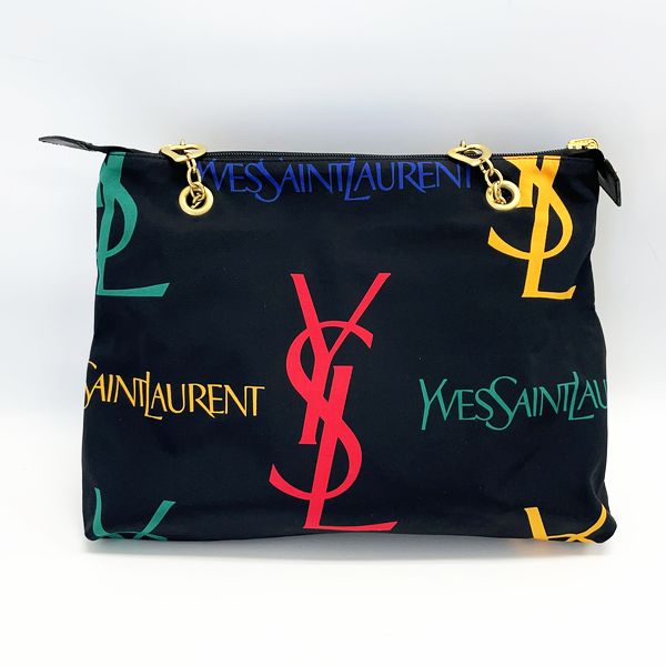 YVES SAINT LAURENT Yves Saint Laurent Vintage YSL Logo Print Square Heart Chain Women's Shoulder Bag Black [Used AB/Slightly Used] 20420208