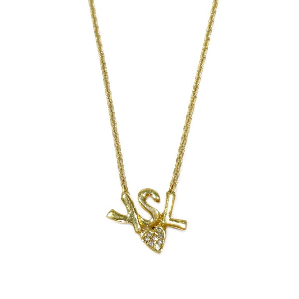 YVES SAINT LAURENT YSL Logo Heart Vintage Necklace GP/Rhinestone Women's [Used B] 20230825