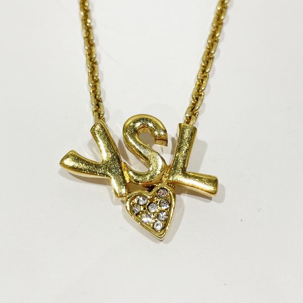 YVES SAINT LAURENT YSL Logo Heart Vintage Necklace GP/Rhinestone Women's [Used B] 20230825