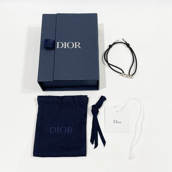 Dior ディオール ロゴ プレート 紐  メタル レザー ユニセックス ブレスレット シルバー×ブラック 【中古A/美品】 20421466