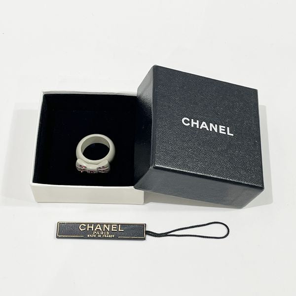CHANEL Vintage Ribbon Coco Mark Colored Stone 02P Plastic Women's Ring Gray x Pink [Used A/Good Condition] 20431186
