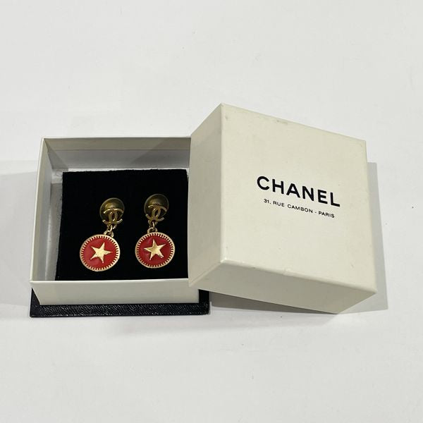 CHANEL Vintage Coco Mark Star Round Swing 01P GP Women's Earrings Gold x Red [Used AB/Slightly Used] 20431654