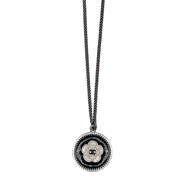 CHANEL Camellia Round 06P Metal Women's Necklace Silver x Black [Used AB/Slightly Used] 20431655