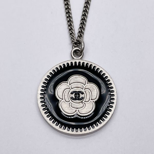 CHANEL Camellia Round 06P Metal Women's Necklace Silver x Black [Used  AB/Slightly Used] 20431655