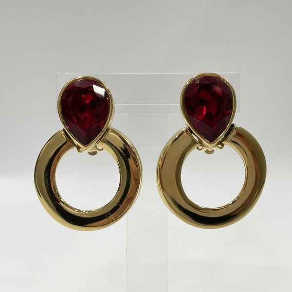 GIVENCHY Vintage Colored Stone Circle Swing GP Women's Earrings Gold x Red [Used B/Standard] 20431671