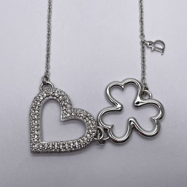 Christian Dior Vintage Logo Heart Clover Metal Rhinestone Women's Necklace Silver [Used A/Good Condition] 20432870