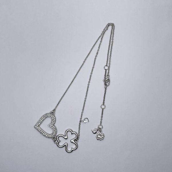 Christian Dior Vintage Logo Heart Clover Metal Rhinestone Women's Necklace Silver [Used A/Good Condition] 20432870