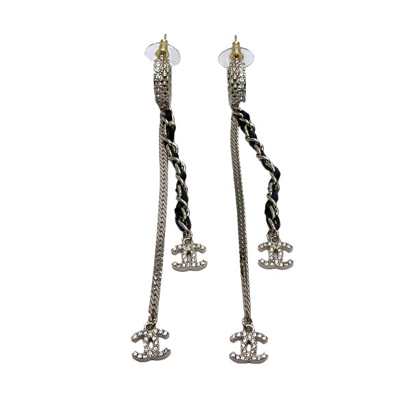 CHANEL Coco Mark Chain Leather Hoop Swing B22S Earrings GP/Rhinestone Women's [Used A] 20231013