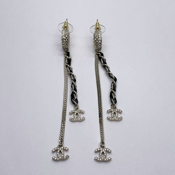 CHANEL Coco Mark Chain Leather Hoop Swing B22S Earrings GP/Rhinestone Women's [Used A] 20231013