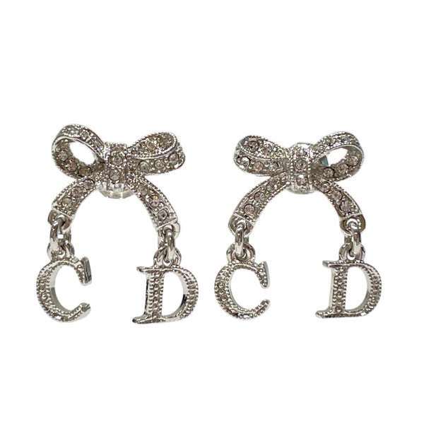 Christian Dior CD Logo Ribbon Swing Vintage Earrings Metal/Rhinestone Women's [Used AB] 20231020