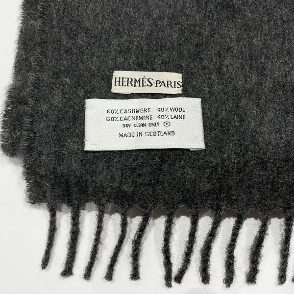 HERMES Logo Embroidery Fringe Large Scarf Cashmere/Wool Women's [Used B] 20231026