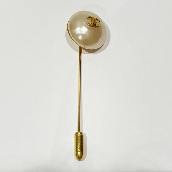 CHANEL Coco Mark Round Pin Brooch 93P Vintage Brooch GP/Fake Pearl Ladies [Used B] 20231104