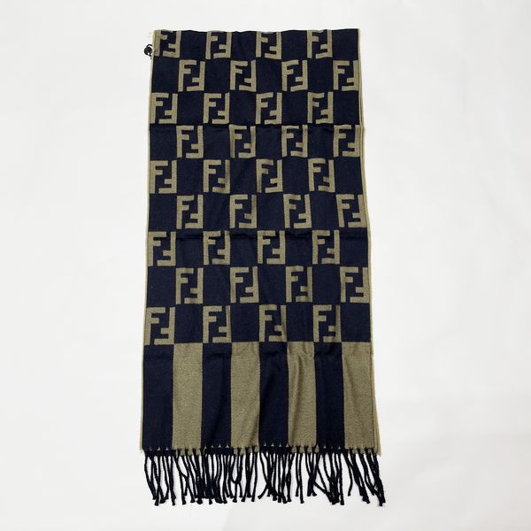 FENDI Muffler 100% Wool Zucca Pecan 170cm x 38cm Rare Color Shawl Stole Unisex [Used A]
